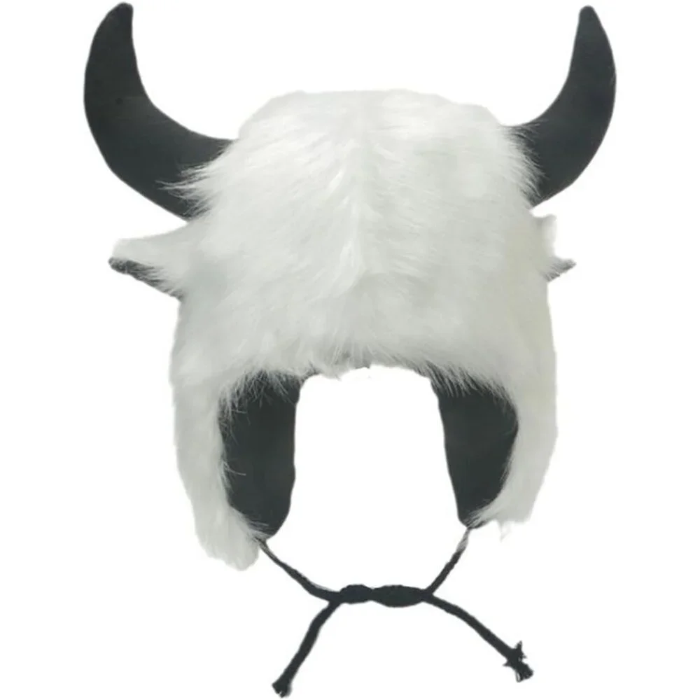 Men A-white Furry Buffalo Horn Winter Hat Unisex Faux Fur Earflap Trooper Cap